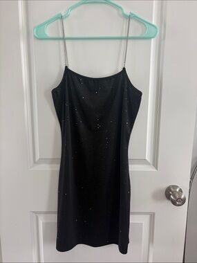 chic Black Sparkle Slip Dress with Silver Chain Straps